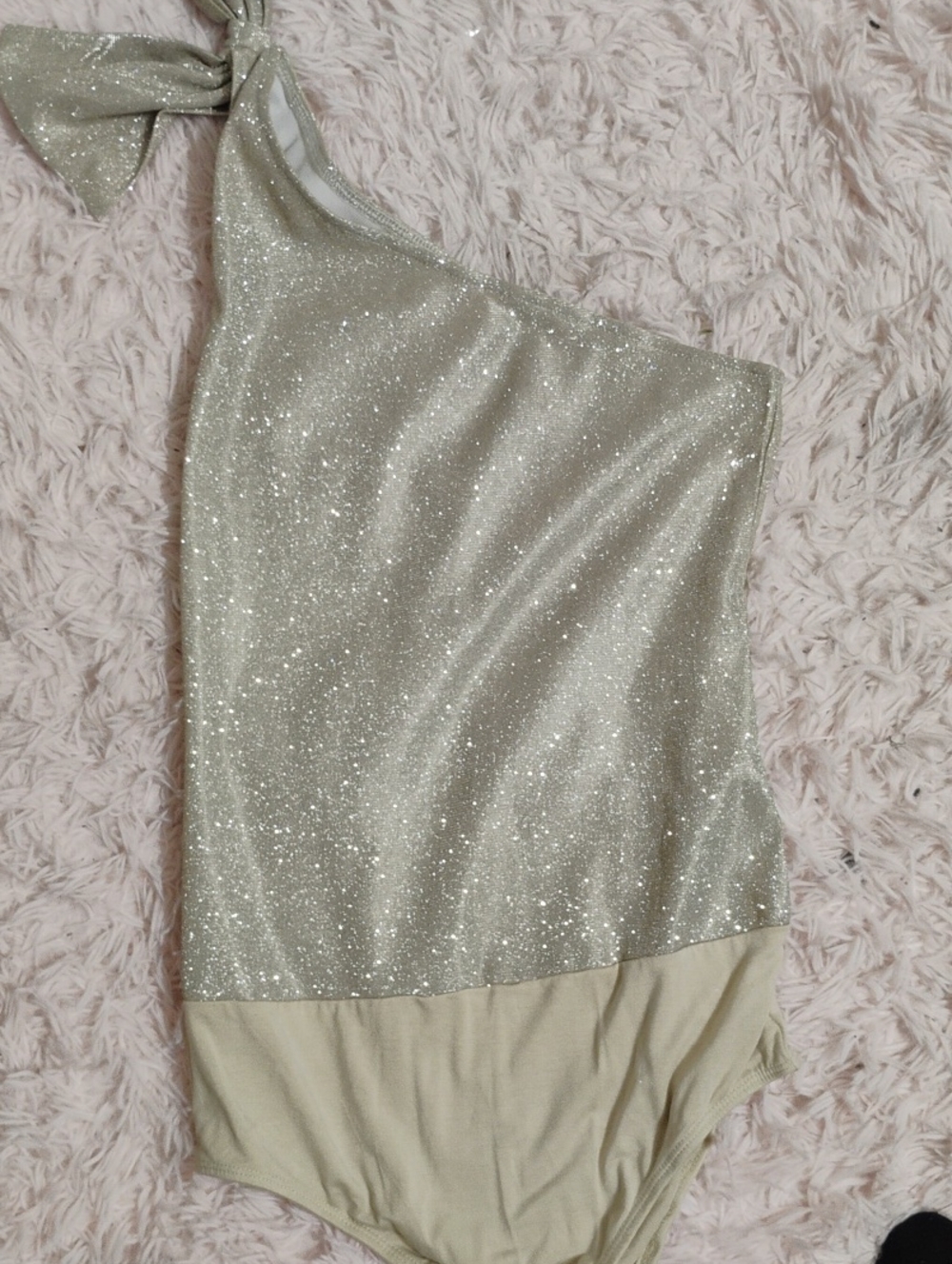 Sparkle Gold bodysuit and cream leather skirt
